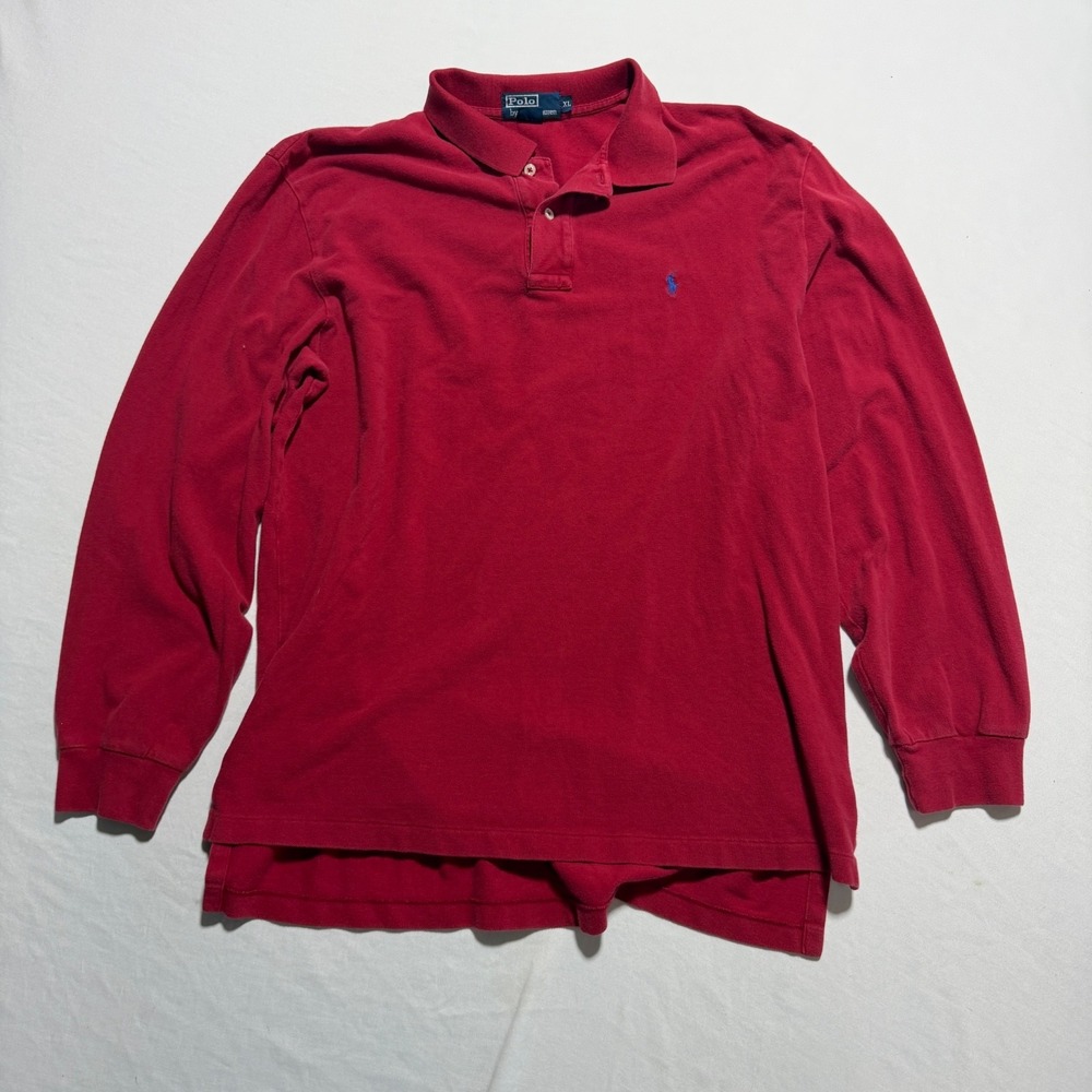 Vintage Polo Ralph Lauren Mens XL Red Long Sleeve Pique Polo Shirt Blue Pony USA
